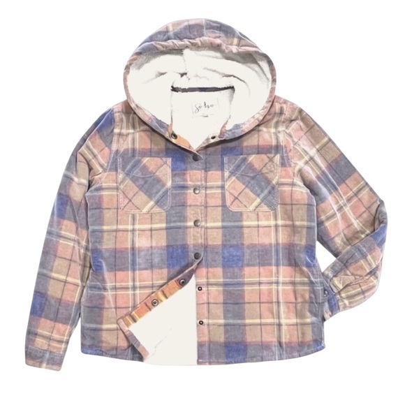 Soho Threads Pastel Corduroy Hooded Shirt Jacket Shacket Size Large - Picture 11 of 12
